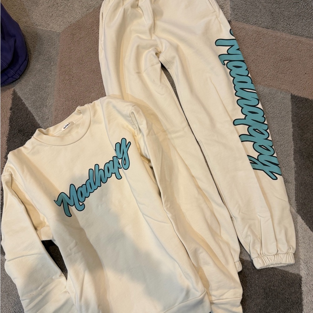 Madhappy Cream Sweatshirt and Joggers Set with Blue Graphic